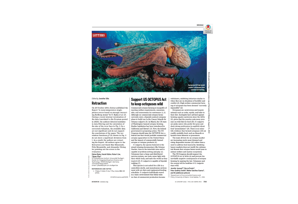 Letter: octopus farming
